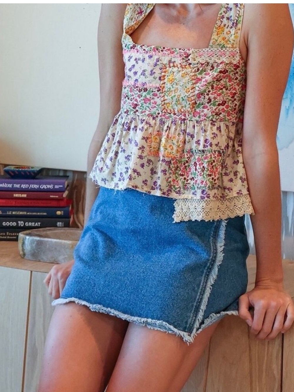 NEW! Natural Life Denim Wrap Style Crossover Frayed Hem Cotton Mini Skirt Medium